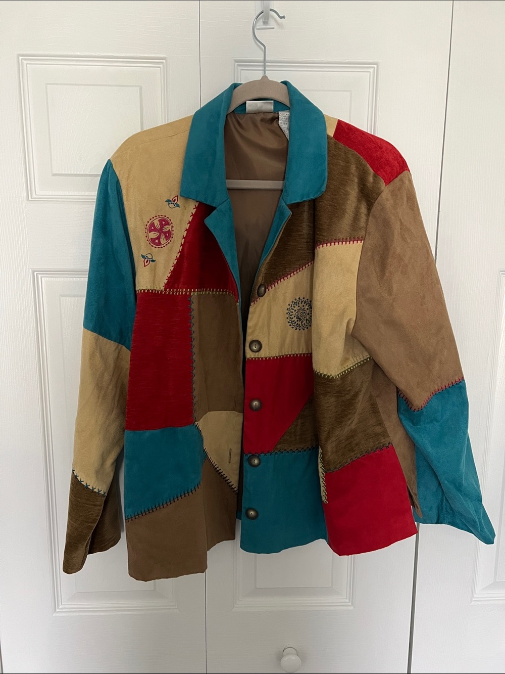 Patchwork Suede Jacket in Teal, Red & Brown